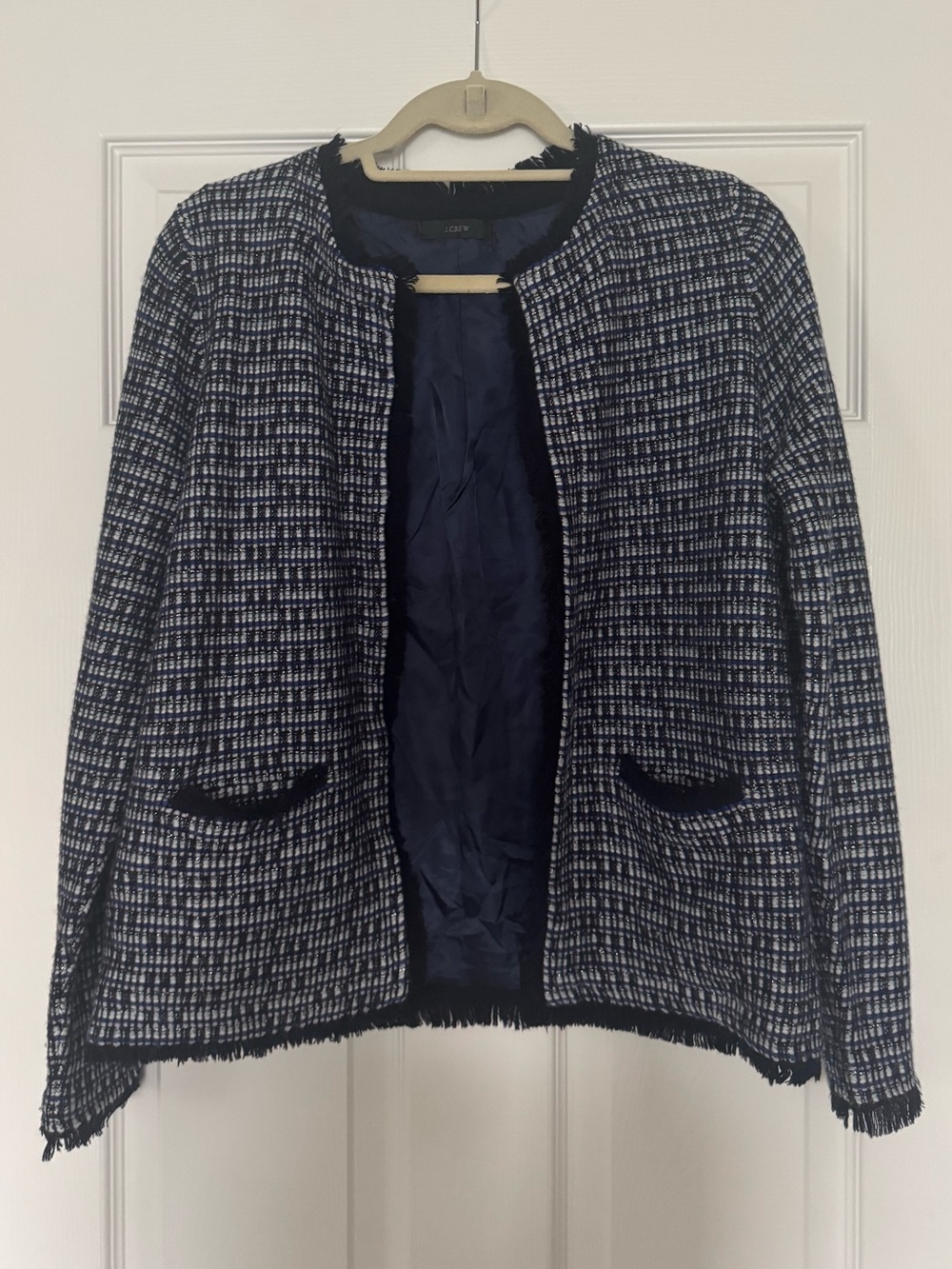 J. Crew Navy and White Tweed Frayed-Trim Blazer